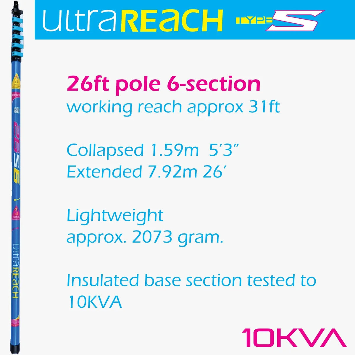 UltraReach 26S Non-Anti-Spin 6-Section Compact 26ft Window Cleaning Pole